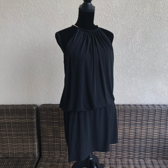 Jessica Simpson Blouson Halter Dress Black Gold 14 - Picture 2 of 7